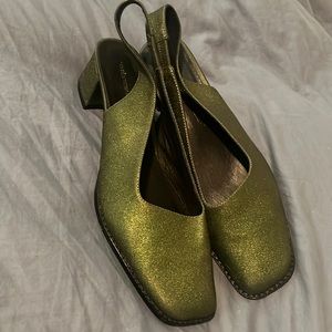 Intentionally Blank Iridescent Block Heel Slingbacks